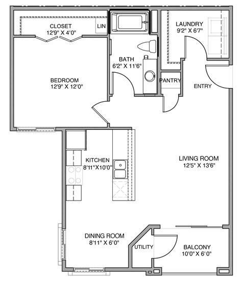 A floor plan of a house with a living room, dining room, kitchen, bedroom, bathroom, laundry, pantry, and closet.